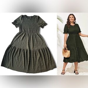 Holiday Maxi Dress Green Puff Sleeve Flowy Smocked Women’s 3XL Boho Chic Prairie